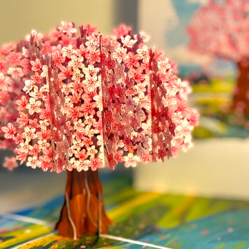 Plum Pink Cherry Blossom Tree on Green Fields Origami Pop Cards 3D Pop Up Greeting Card Best Wishes Happy Birthday Gift Thank You Handmade Best Wishes Blank Card for Any Occasion Happy Mother's Day Happy Father's Day Celebrate The Beauty of Flower