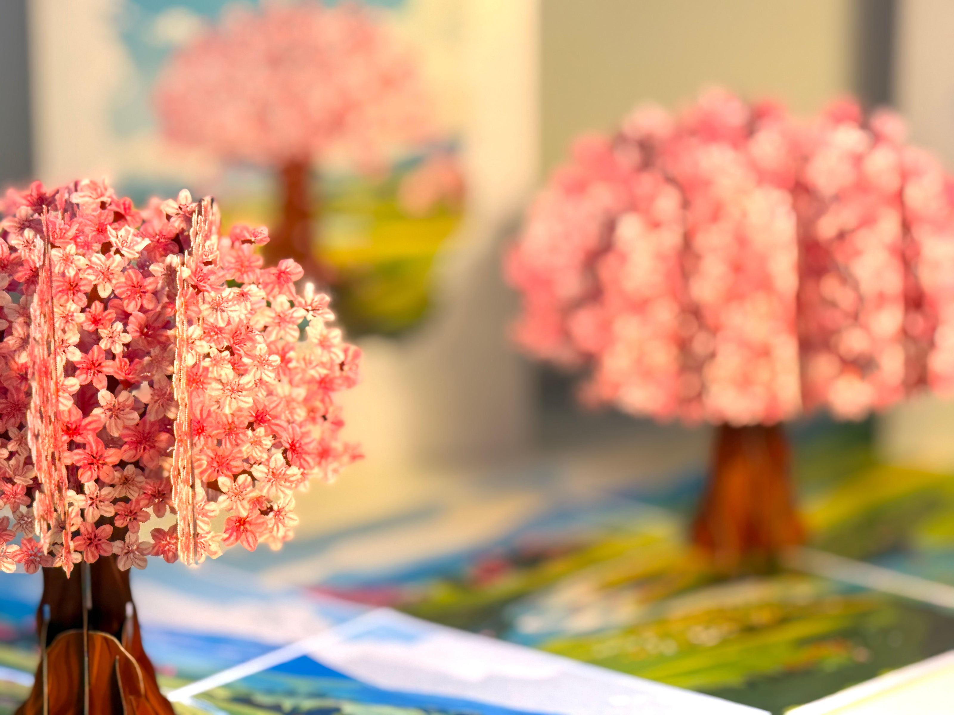 Plum Pink Cherry Blossom Tree on Green Fields Origami Pop Cards 3D Pop Up Greeting Card Best Wishes Happy Birthday Gift Thank You Handmade Best Wishes Blank Card for Any Occasion Happy Mother's Day Happy Father's Day Celebrate The Beauty of Flower