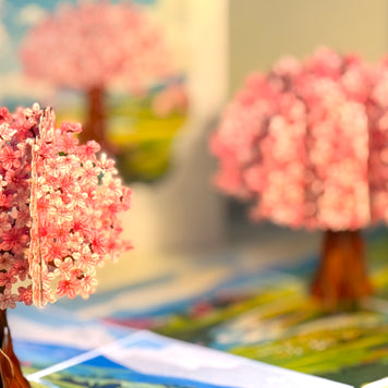 Plum Pink Cherry Blossom Tree on Green Fields Origami Pop Cards 3D Pop Up Greeting Card Best Wishes Happy Birthday Gift Thank You Handmade Best Wishes Blank Card for Any Occasion Happy Mother's Day Happy Father's Day Celebrate The Beauty of Flower