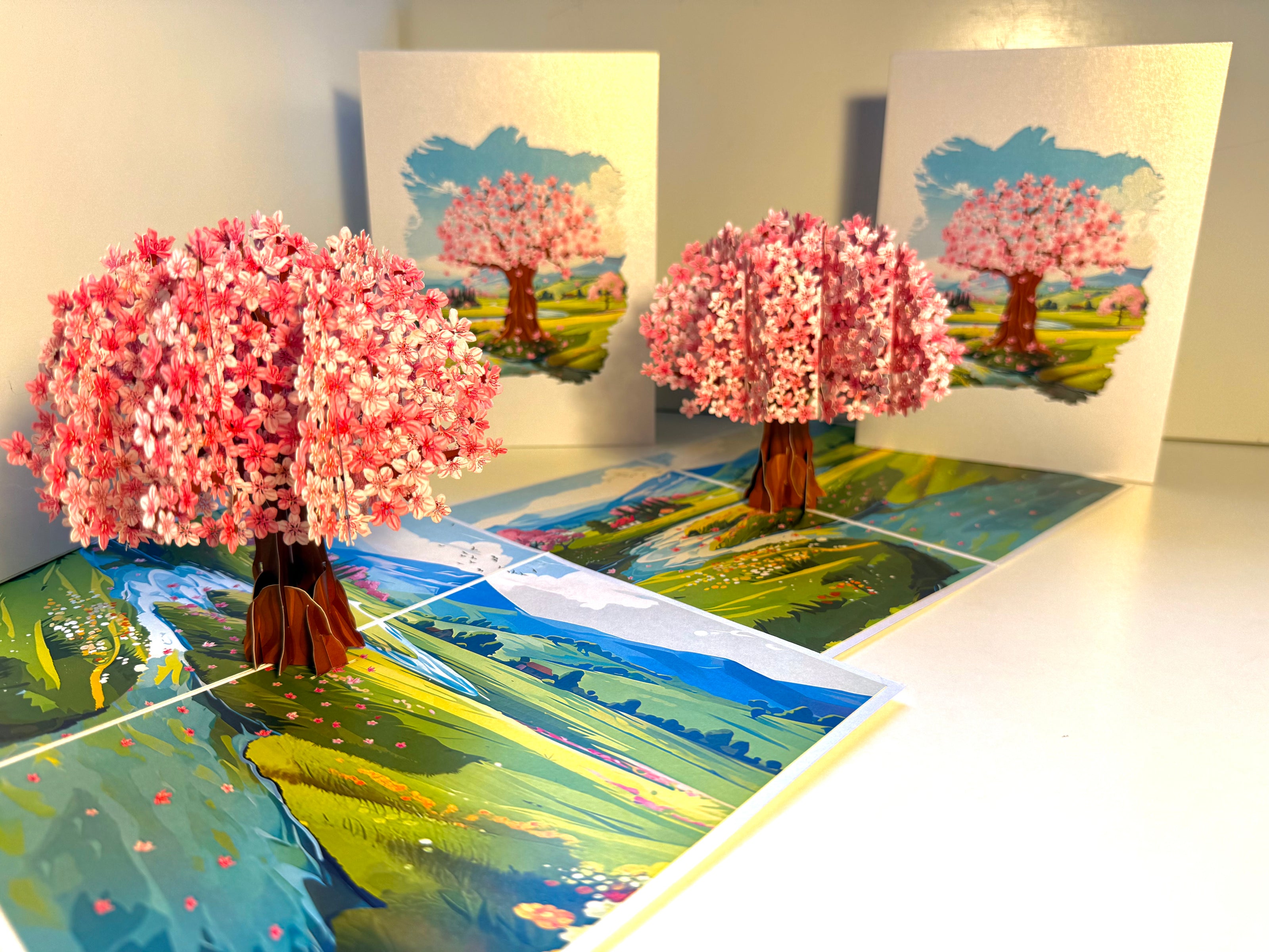 Plum Pink Cherry Blossom Tree on Green Fields Origami Pop Cards 3D Pop Up Greeting Card Best Wishes Happy Birthday Gift Thank You Handmade Best Wishes Blank Card for Any Occasion Happy Mother's Day Happy Father's Day Celebrate The Beauty of Flower