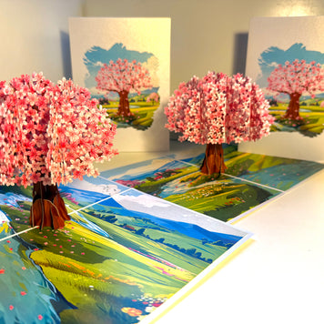 Plum Pink Cherry Blossom Tree on Green Fields Origami Pop Cards 3D Pop Up Greeting Card Best Wishes Happy Birthday Gift Thank You Handmade Best Wishes Blank Card for Any Occasion Happy Mother's Day Happy Father's Day Celebrate The Beauty of Flower
