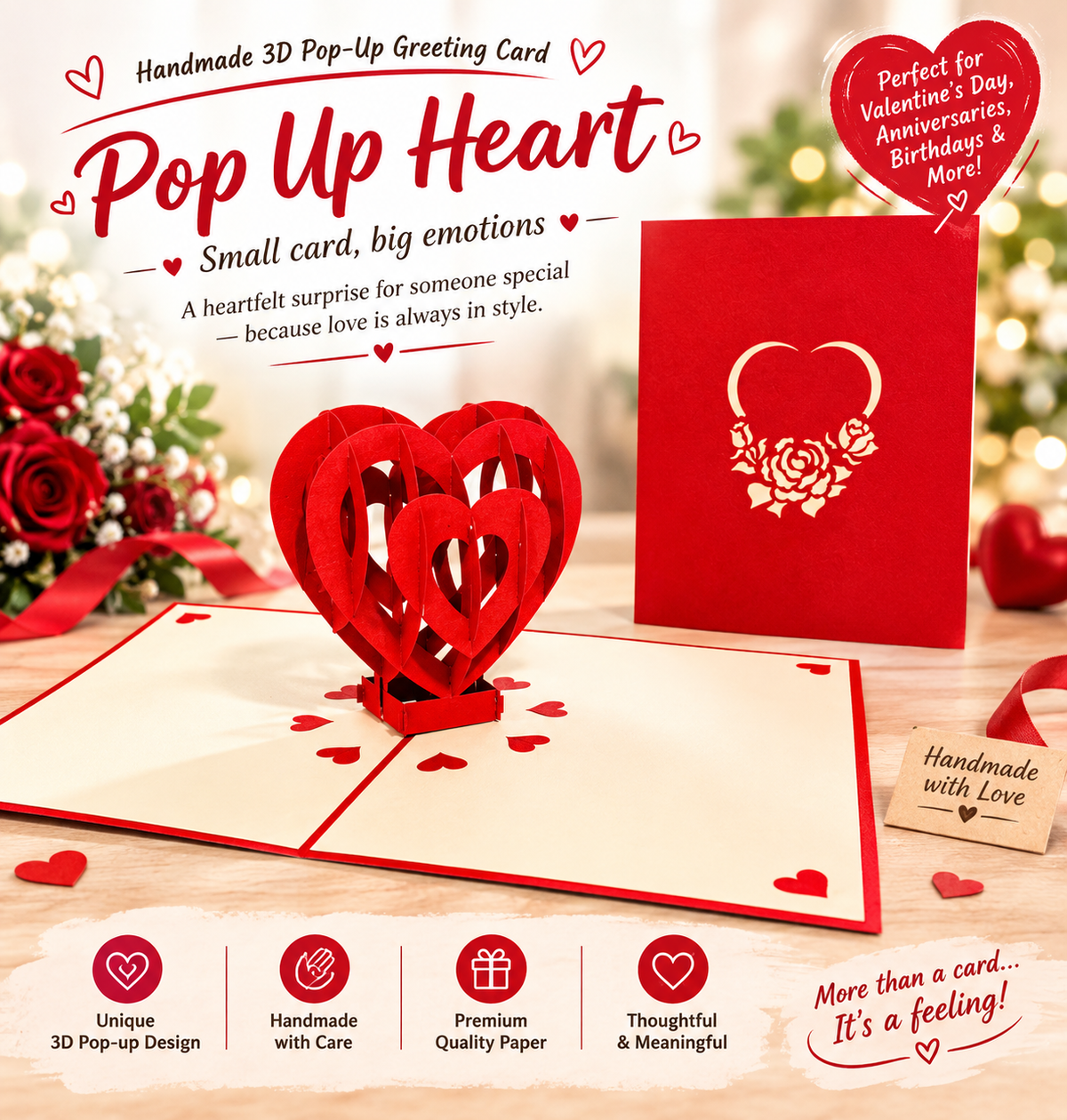 Giant Rainbow Heart & Golden Key 3D POP UP GREETING CARD - Created by Origami Pop Cards Australian Design & Handmade 3D Pop Up Magical Paper Cards, Handmade Pop Up Cards Happy Valentine's Day Celebrate Love Heart Fell and Romantic