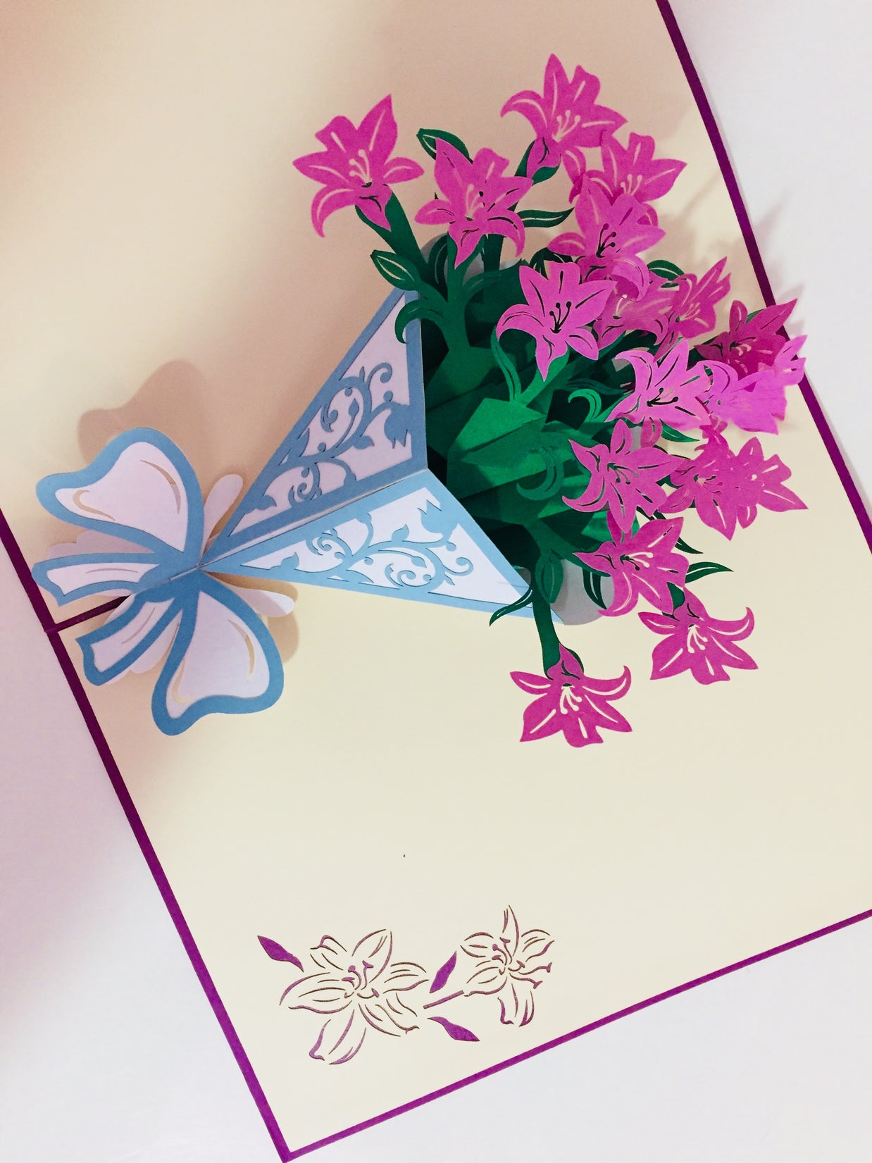 Purple Lily Bouquet Wrapped in Blue Ribbon Perfect for Spring Season Origami Pop Cards 3D Pop Up Greeting Card Happy Birthday Thank You Handmade Gift Thinking of You Blank Card for Any Occasion Happy Mother's Day Australiana Celebrate the Beauty