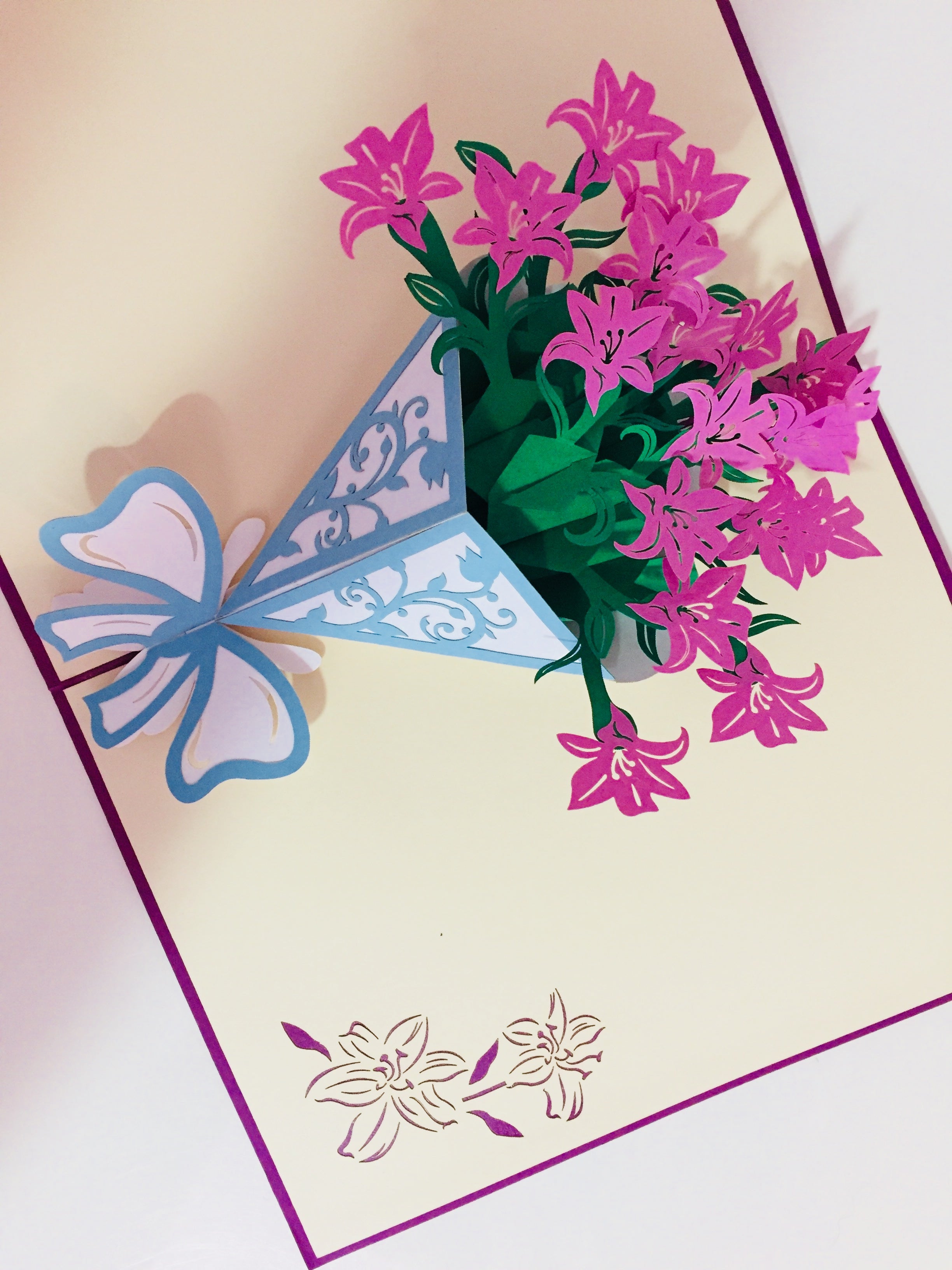 Purple Lily Bouquet Wrapped in Blue Ribbon Perfect for Spring Season Origami Pop Cards 3D Pop Up Greeting Card Happy Birthday Thank You Handmade Gift Thinking of You Blank Card for Any Occasion Happy Mother's Day Australiana Celebrate the Beauty