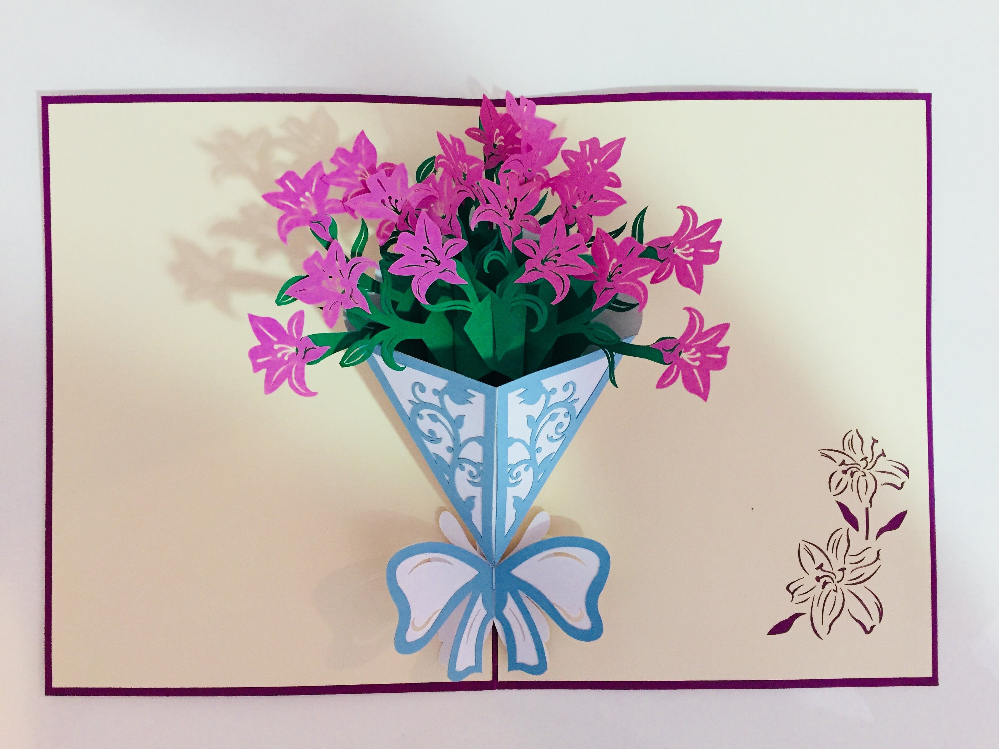 Purple Lily Bouquet Wrapped in Blue Ribbon Perfect for Spring Season Origami Pop Cards 3D Pop Up Greeting Card Happy Birthday Thank You Handmade Gift Thinking of You Blank Card for Any Occasion Happy Mother's Day Australiana Celebrate the Beauty