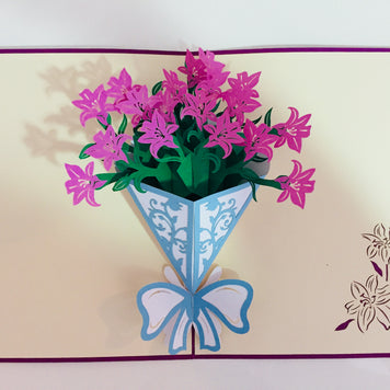 Purple Lily Bouquet Wrapped in Blue Ribbon Perfect for Spring Season Origami Pop Cards 3D Pop Up Greeting Card Happy Birthday Thank You Handmade Gift Thinking of You Blank Card for Any Occasion Happy Mother's Day Australiana Celebrate the Beauty