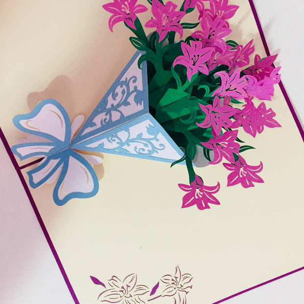 Purple Lily Bouquet Wrapped in Blue Ribbon Perfect for Spring Season Origami Pop Cards 3D Pop Up Greeting Card Happy Birthday Thank You Handmade Gift Thinking of You Blank Card for Any Occasion Happy Mother's Day Australiana Celebrate the Beauty