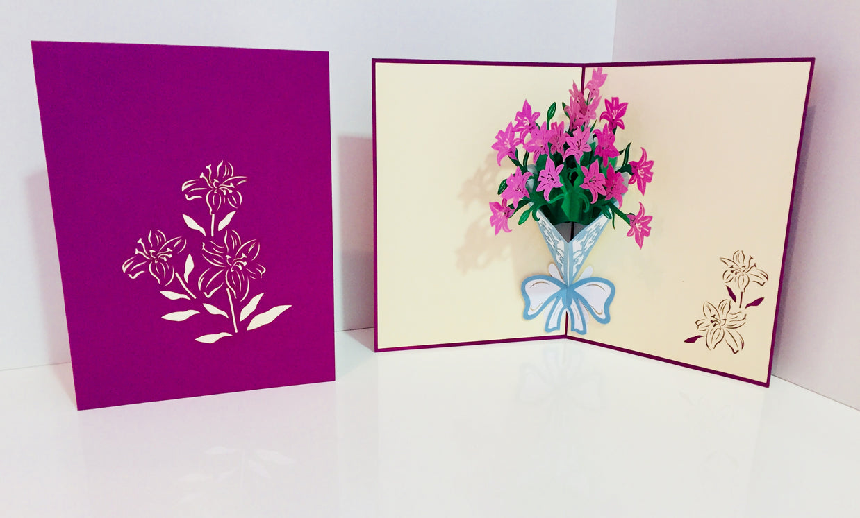 Purple Lily Bouquet Wrapped in Blue Ribbon Perfect for Spring Season Origami Pop Cards 3D Pop Up Greeting Card Happy Birthday Thank You Handmade Gift Thinking of You Blank Card for Any Occasion Happy Mother's Day Australiana Celebrate the Beauty