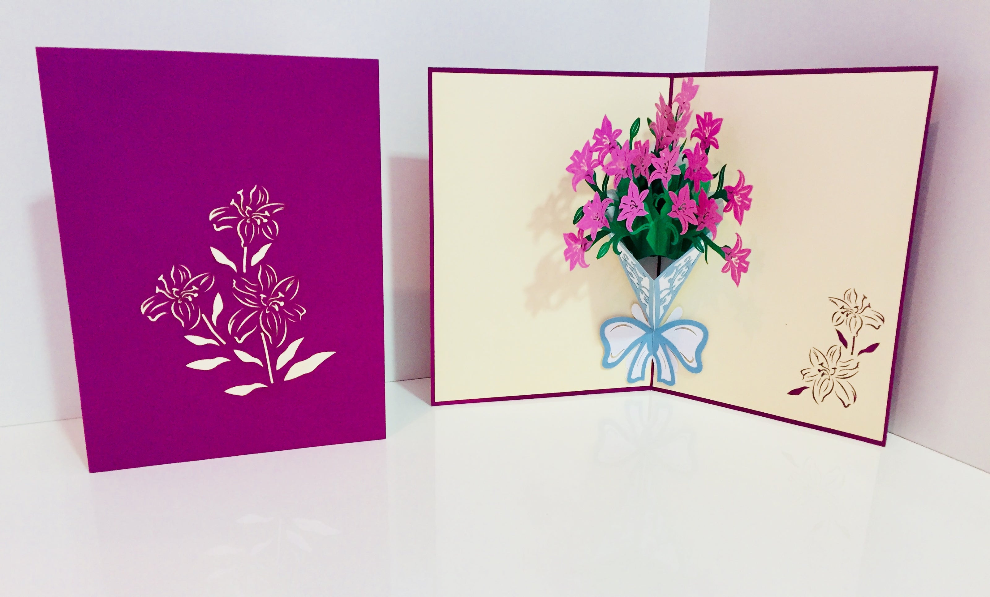 Purple Lily Bouquet Wrapped in Blue Ribbon Perfect for Spring Season Origami Pop Cards 3D Pop Up Greeting Card Happy Birthday Thank You Handmade Gift Thinking of You Blank Card for Any Occasion Happy Mother's Day Australiana Celebrate the Beauty