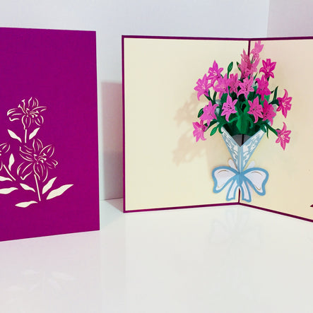 Purple Lily Bouquet Wrapped in Blue Ribbon Perfect for Spring Season Origami Pop Cards 3D Pop Up Greeting Card Happy Birthday Thank You Handmade Gift Thinking of You Blank Card for Any Occasion Happy Mother's Day Australiana Celebrate the Beauty