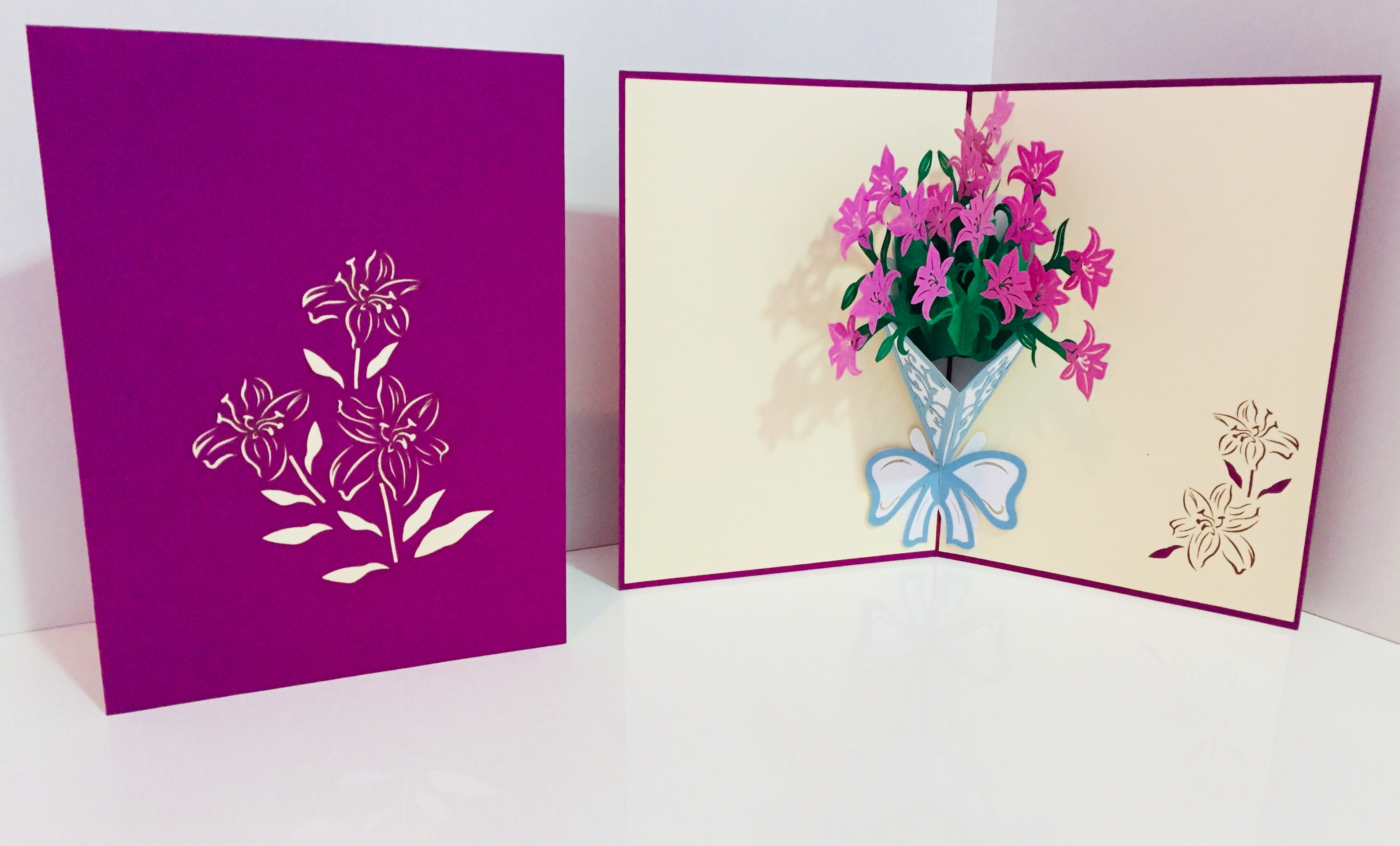 Purple Lily Bouquet Wrapped in Blue Ribbon Perfect for Spring Season Origami Pop Cards 3D Pop Up Greeting Card Happy Birthday Thank You Handmade Gift Thinking of You Blank Card for Any Occasion Happy Mother's Day Australiana Celebrate the Beauty