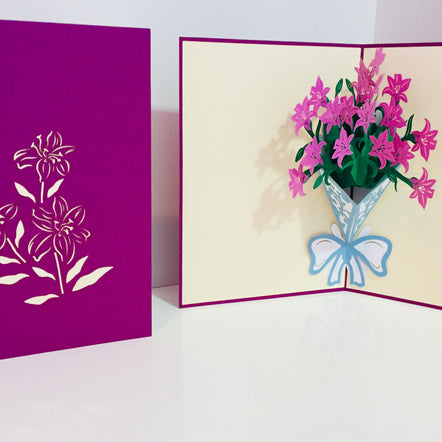 Purple Lily Bouquet Wrapped in Blue Ribbon Perfect for Spring Season Origami Pop Cards 3D Pop Up Greeting Card Happy Birthday Thank You Handmade Gift Thinking of You Blank Card for Any Occasion Happy Mother's Day Australiana Celebrate the Beauty