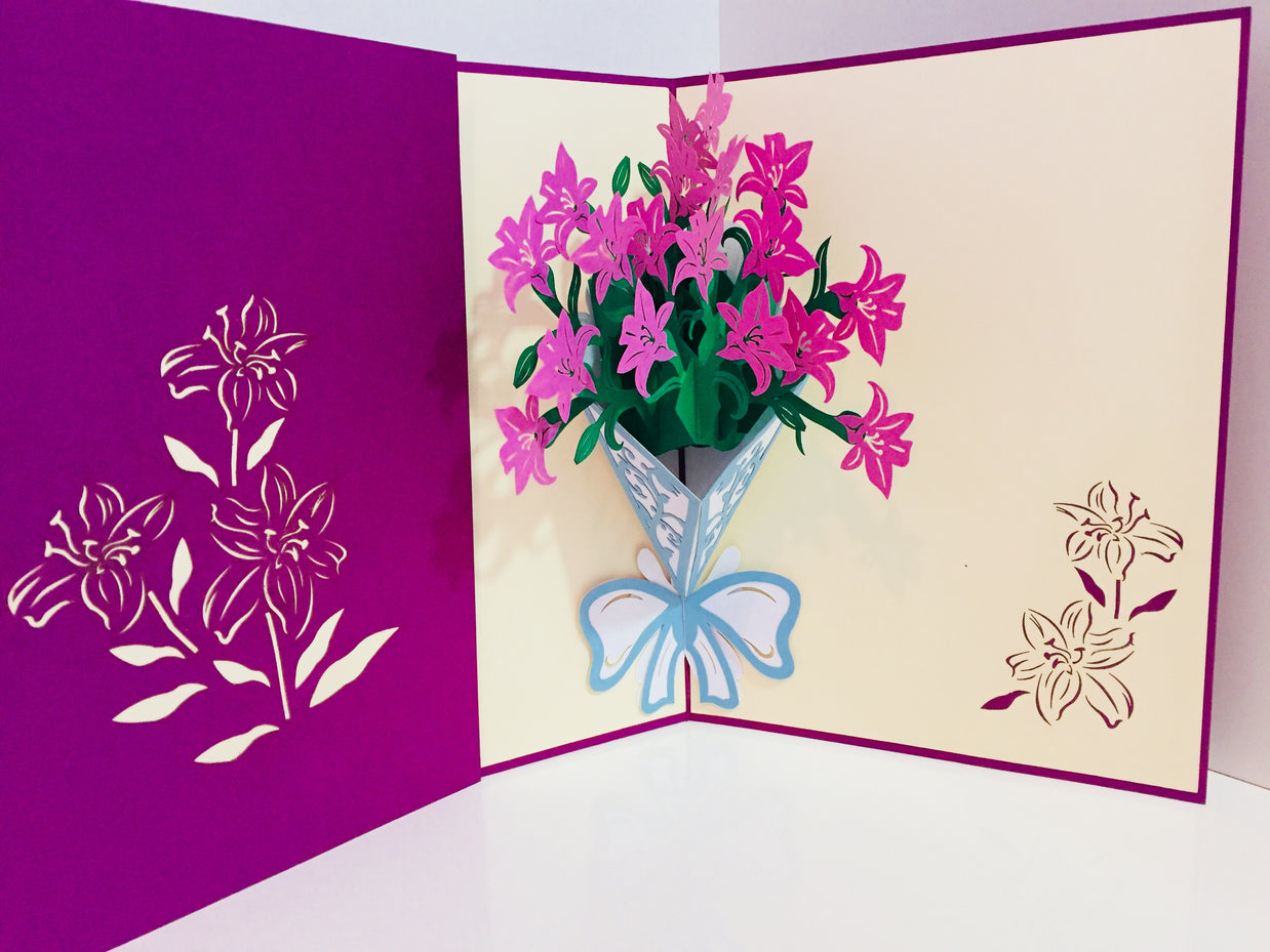 Purple Lily Bouquet Wrapped in Blue Ribbon Perfect for Spring Season Origami Pop Cards 3D Pop Up Greeting Card Happy Birthday Thank You Handmade Gift Thinking of You Blank Card for Any Occasion Happy Mother's Day Australiana Celebrate the Beauty