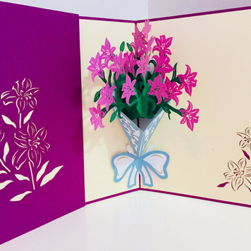 Purple Lily Bouquet Wrapped in Blue Ribbon Perfect for Spring Season Origami Pop Cards 3D Pop Up Greeting Card Happy Birthday Thank You Handmade Gift Thinking of You Blank Card for Any Occasion Happy Mother's Day Australiana Celebrate the Beauty