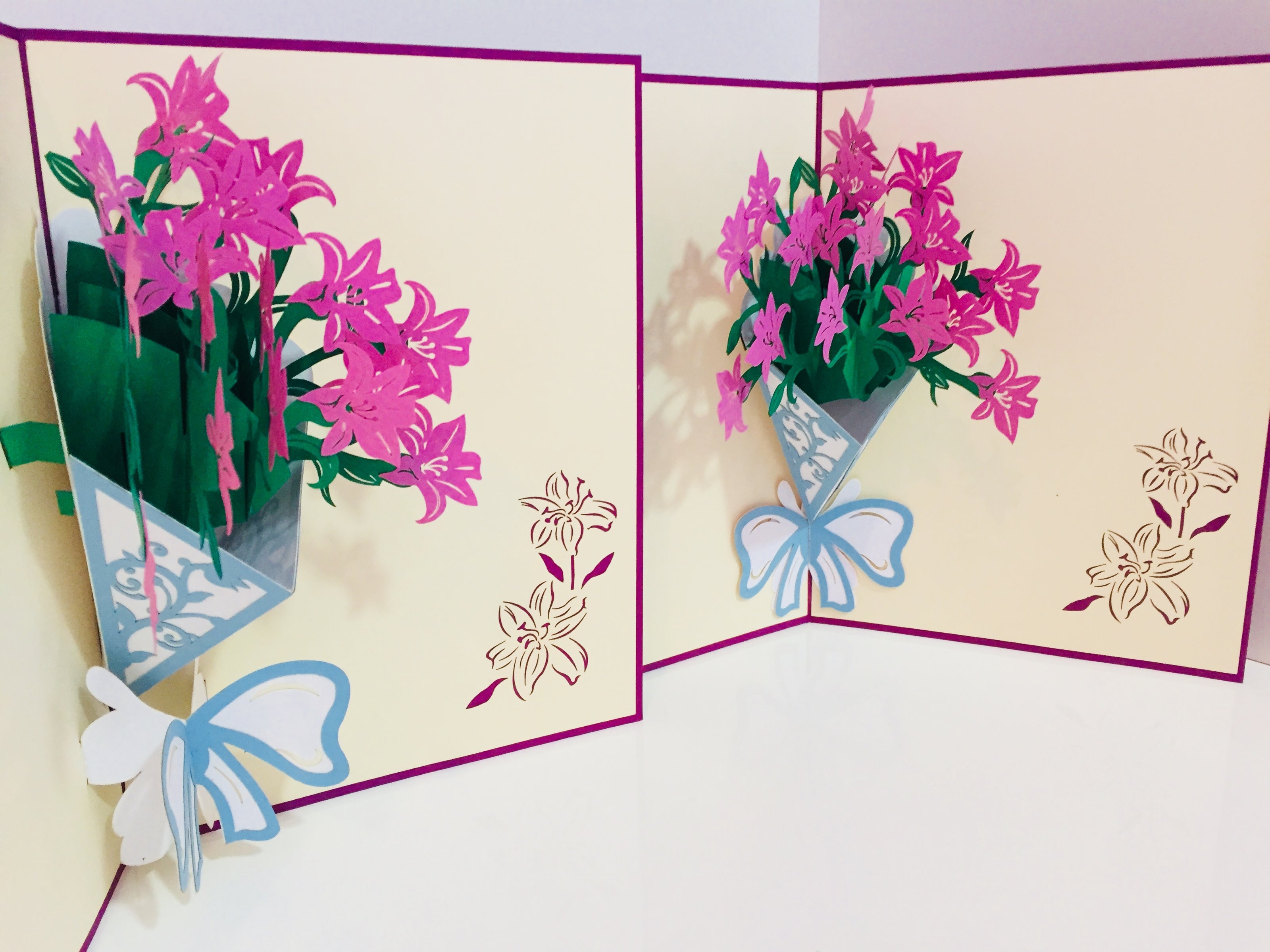 Purple Lily Bouquet Wrapped in Blue Ribbon Perfect for Spring Season Origami Pop Cards 3D Pop Up Greeting Card Happy Birthday Thank You Handmade Gift Thinking of You Blank Card for Any Occasion Happy Mother's Day Australiana Celebrate the Beauty
