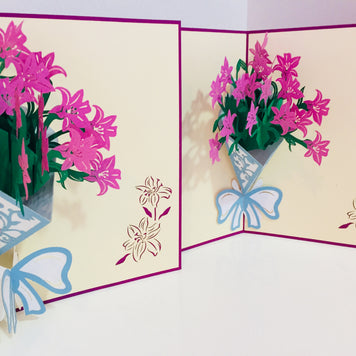 Purple Lily Bouquet Wrapped in Blue Ribbon Perfect for Spring Season Origami Pop Cards 3D Pop Up Greeting Card Happy Birthday Thank You Handmade Gift Thinking of You Blank Card for Any Occasion Happy Mother's Day Australiana Celebrate the Beauty