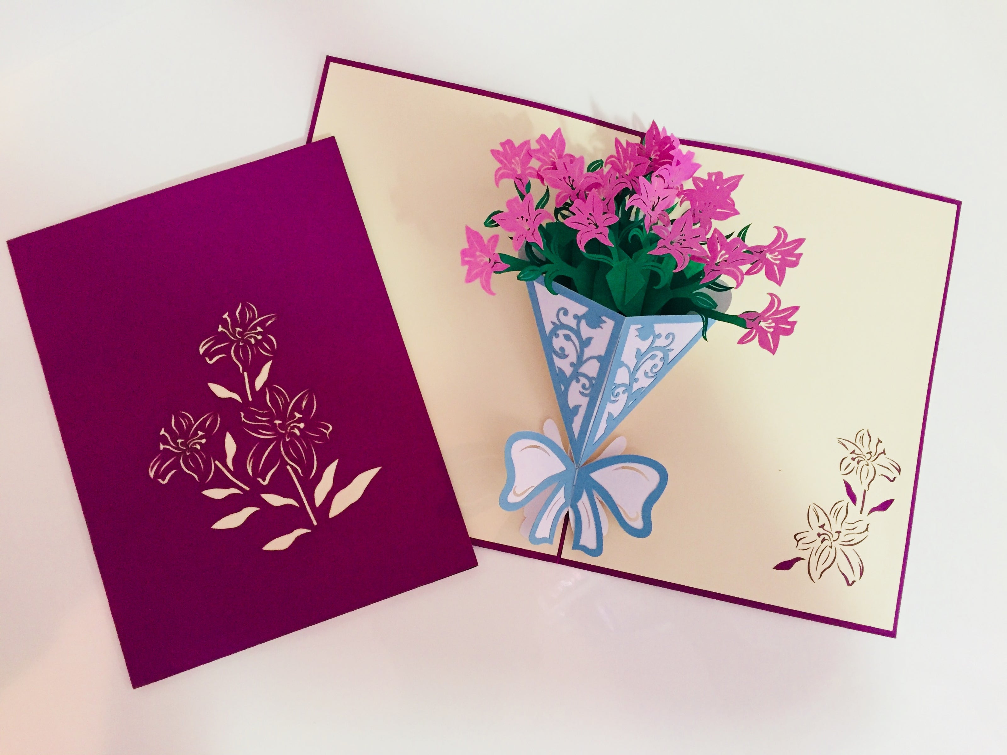 Purple Lily Bouquet Wrapped in Blue Ribbon Perfect for Spring Season Origami Pop Cards 3D Pop Up Greeting Card Happy Birthday Thank You Handmade Gift Thinking of You Blank Card for Any Occasion Happy Mother's Day Australiana Celebrate the Beauty
