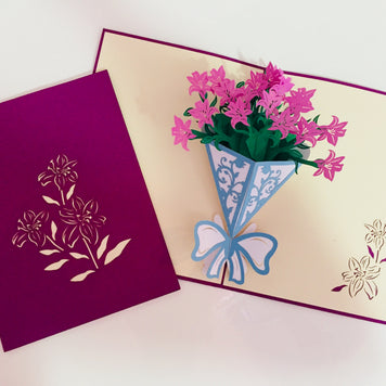 Purple Lily Bouquet Wrapped in Blue Ribbon Perfect for Spring Season Origami Pop Cards 3D Pop Up Greeting Card Happy Birthday Thank You Handmade Gift Thinking of You Blank Card for Any Occasion Happy Mother's Day Australiana Celebrate the Beauty