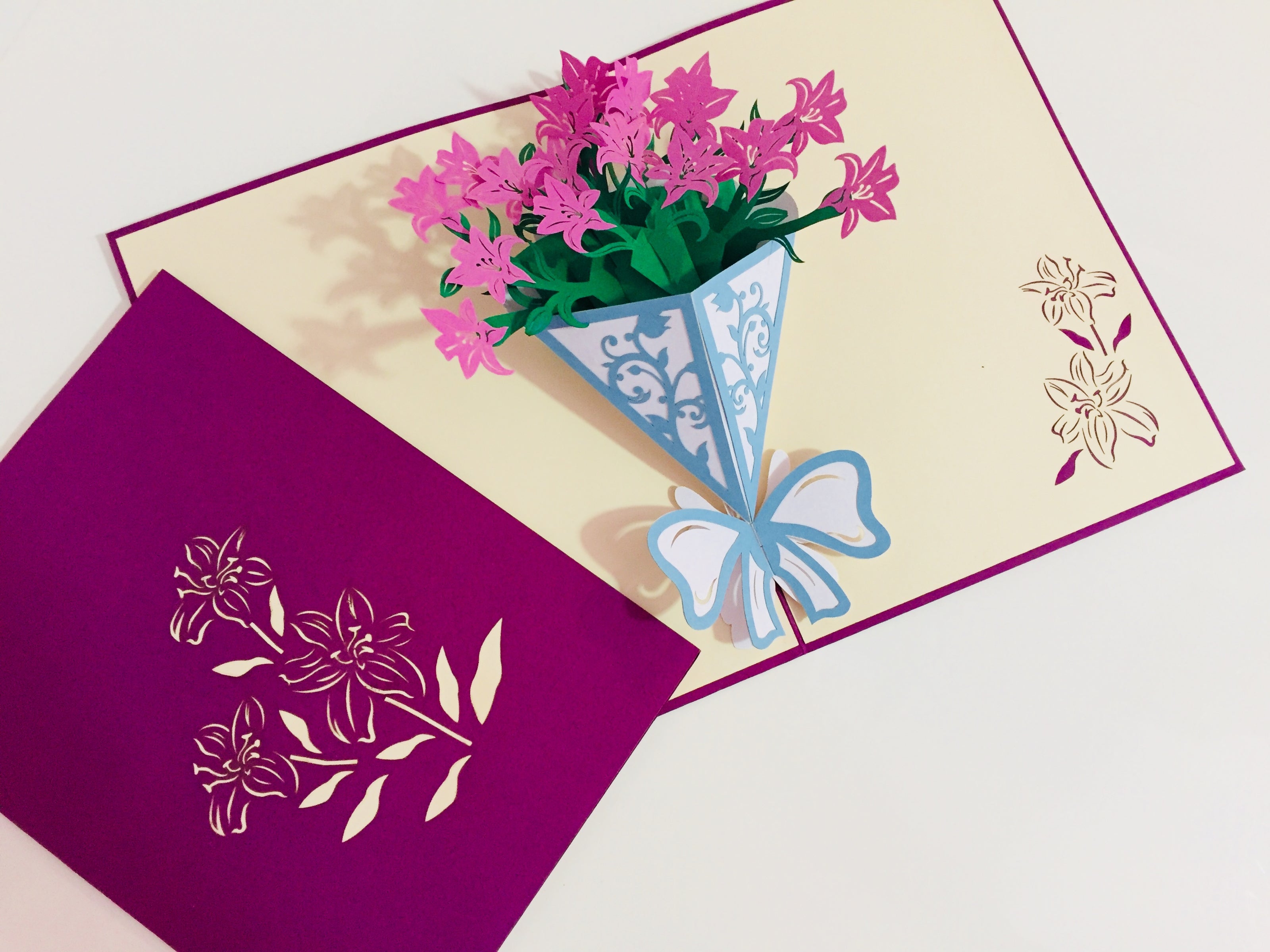Purple Lily Bouquet Wrapped in Blue Ribbon Perfect for Spring Season Origami Pop Cards 3D Pop Up Greeting Card Happy Birthday Thank You Handmade Gift Thinking of You Blank Card for Any Occasion Happy Mother's Day Australiana Celebrate the Beauty