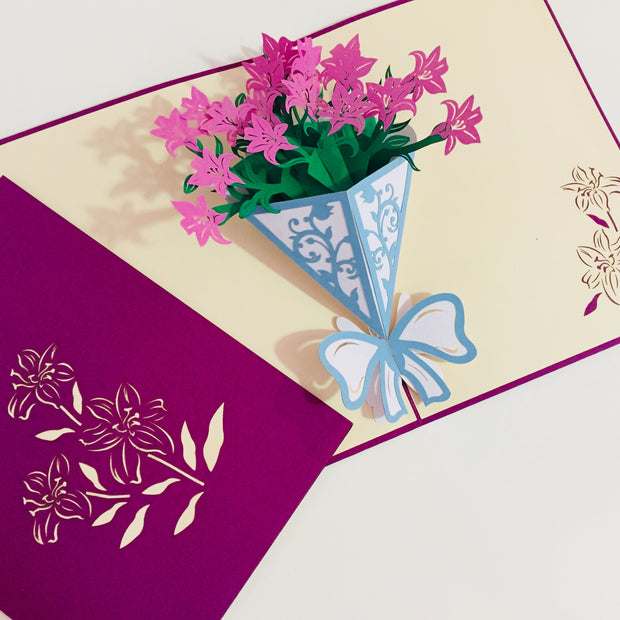 Purple Lily Bouquet Wrapped in Blue Ribbon Perfect for Spring Season Origami Pop Cards 3D Pop Up Greeting Card Happy Birthday Thank You Handmade Gift Thinking of You Blank Card for Any Occasion Happy Mother's Day Australiana Celebrate the Beauty