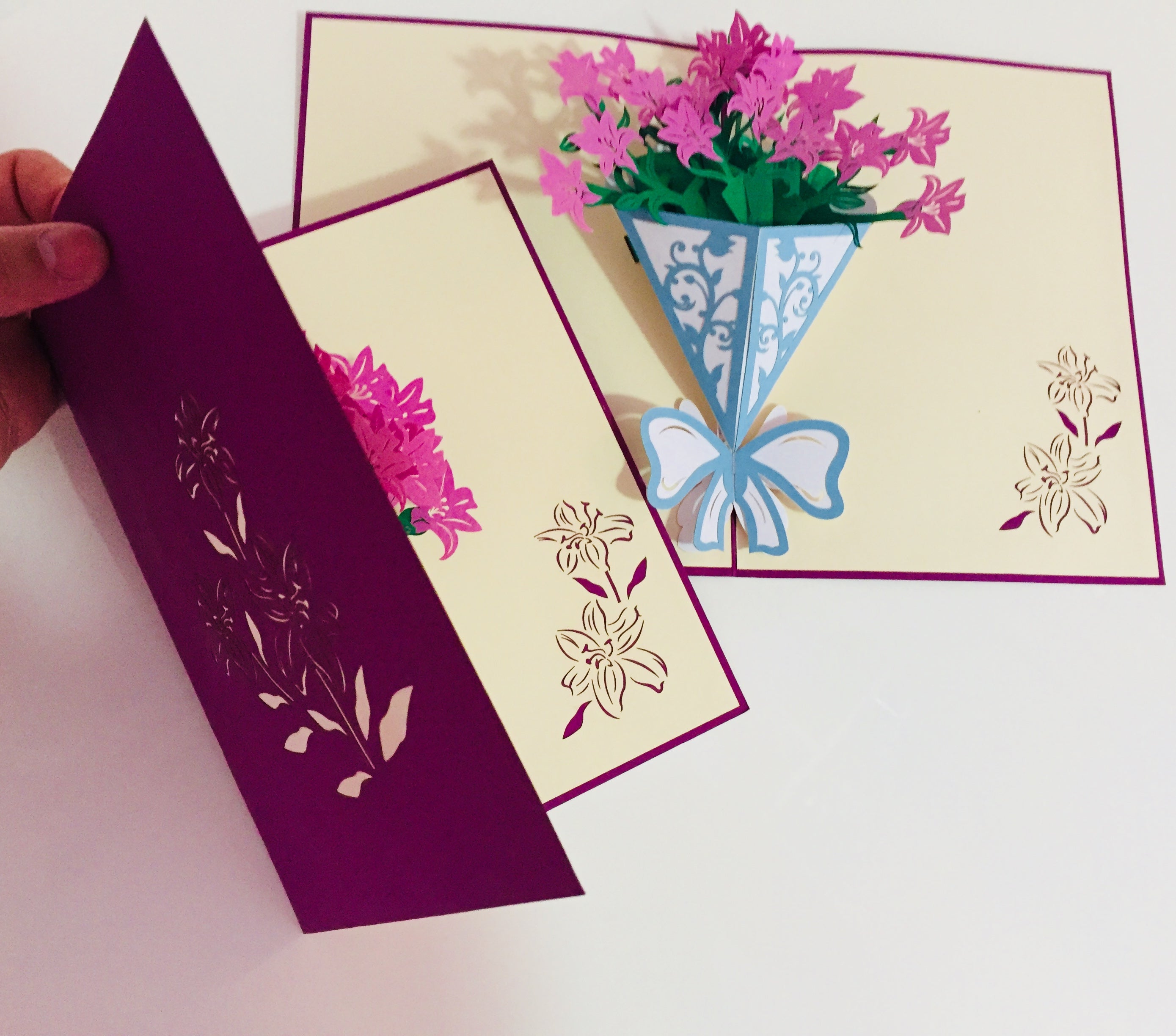 Purple Lily Bouquet Wrapped in Blue Ribbon Perfect for Spring Season Origami Pop Cards 3D Pop Up Greeting Card Happy Birthday Thank You Handmade Gift Thinking of You Blank Card for Any Occasion Happy Mother's Day Australiana Celebrate the Beauty