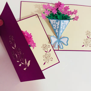 Purple Lily Bouquet Wrapped in Blue Ribbon Perfect for Spring Season Origami Pop Cards 3D Pop Up Greeting Card Happy Birthday Thank You Handmade Gift Thinking of You Blank Card for Any Occasion Happy Mother's Day Australiana Celebrate the Beauty