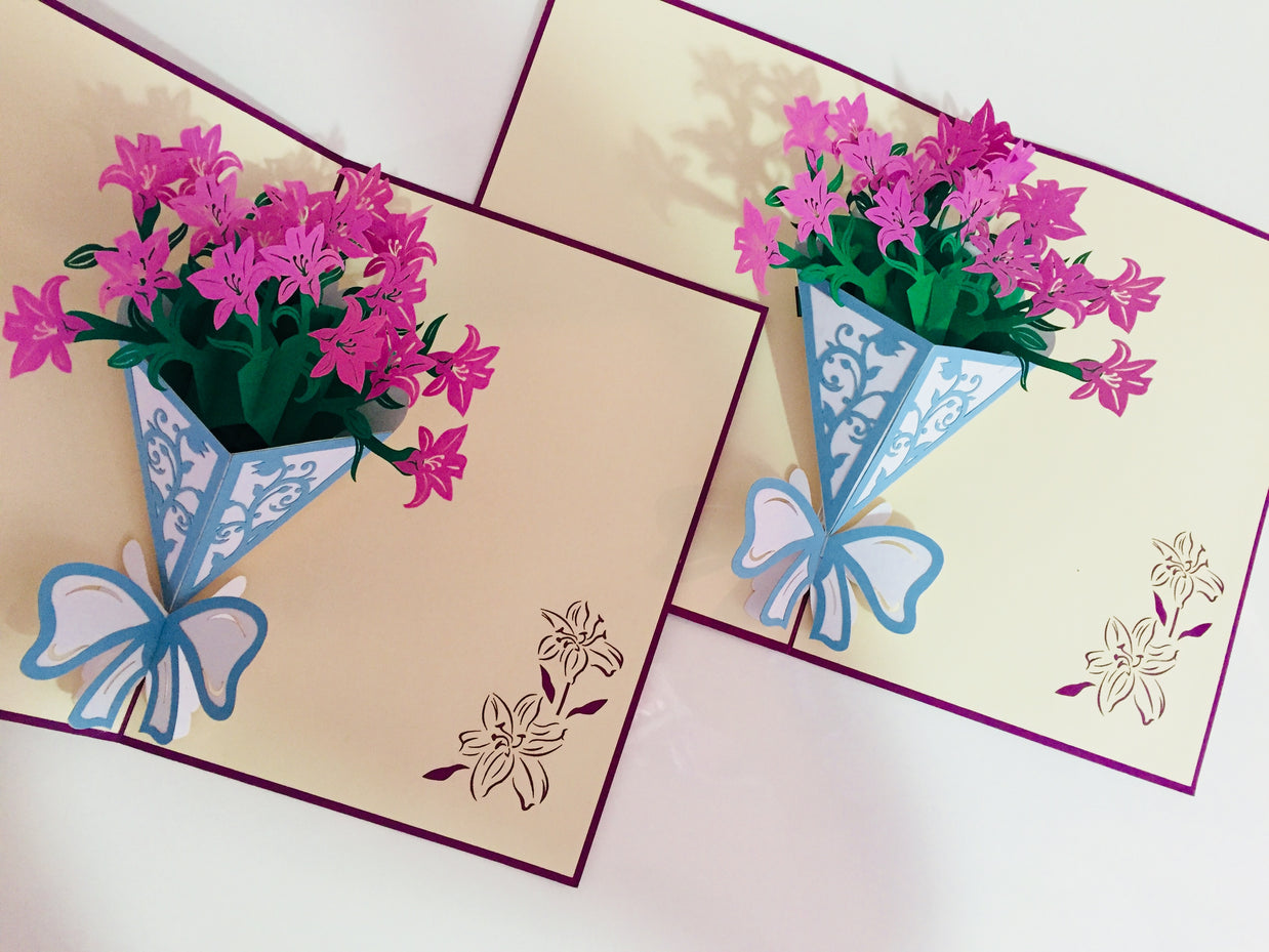 Purple Lily Bouquet Wrapped in Blue Ribbon Perfect for Spring Season Origami Pop Cards 3D Pop Up Greeting Card Happy Birthday Thank You Handmade Gift Thinking of You Blank Card for Any Occasion Happy Mother's Day Australiana Celebrate the Beauty