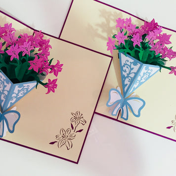 Purple Lily Bouquet Wrapped in Blue Ribbon Perfect for Spring Season Origami Pop Cards 3D Pop Up Greeting Card Happy Birthday Thank You Handmade Gift Thinking of You Blank Card for Any Occasion Happy Mother's Day Australiana Celebrate the Beauty
