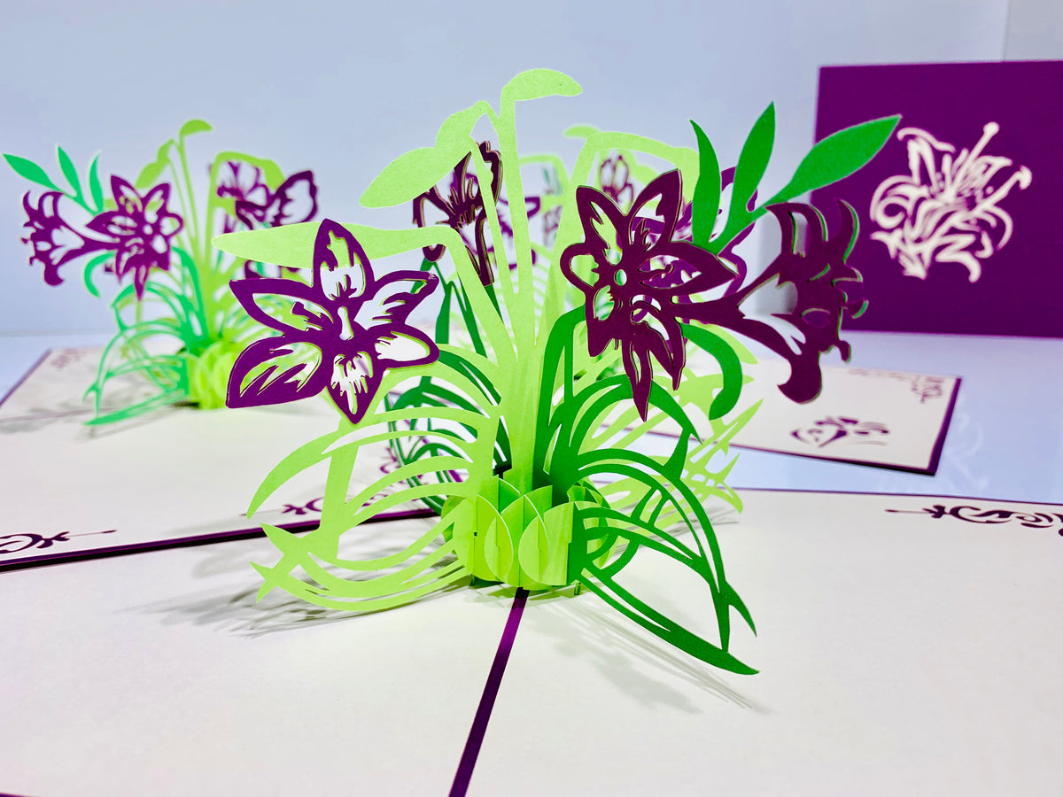 Purple Lily Flowers Card Origami Pop Cards 3D Pop Up Greeting Card Happy Birthday Thank You Handmade Gift Thinking of You Blank Card for Any Occasion Happy Mother's Day