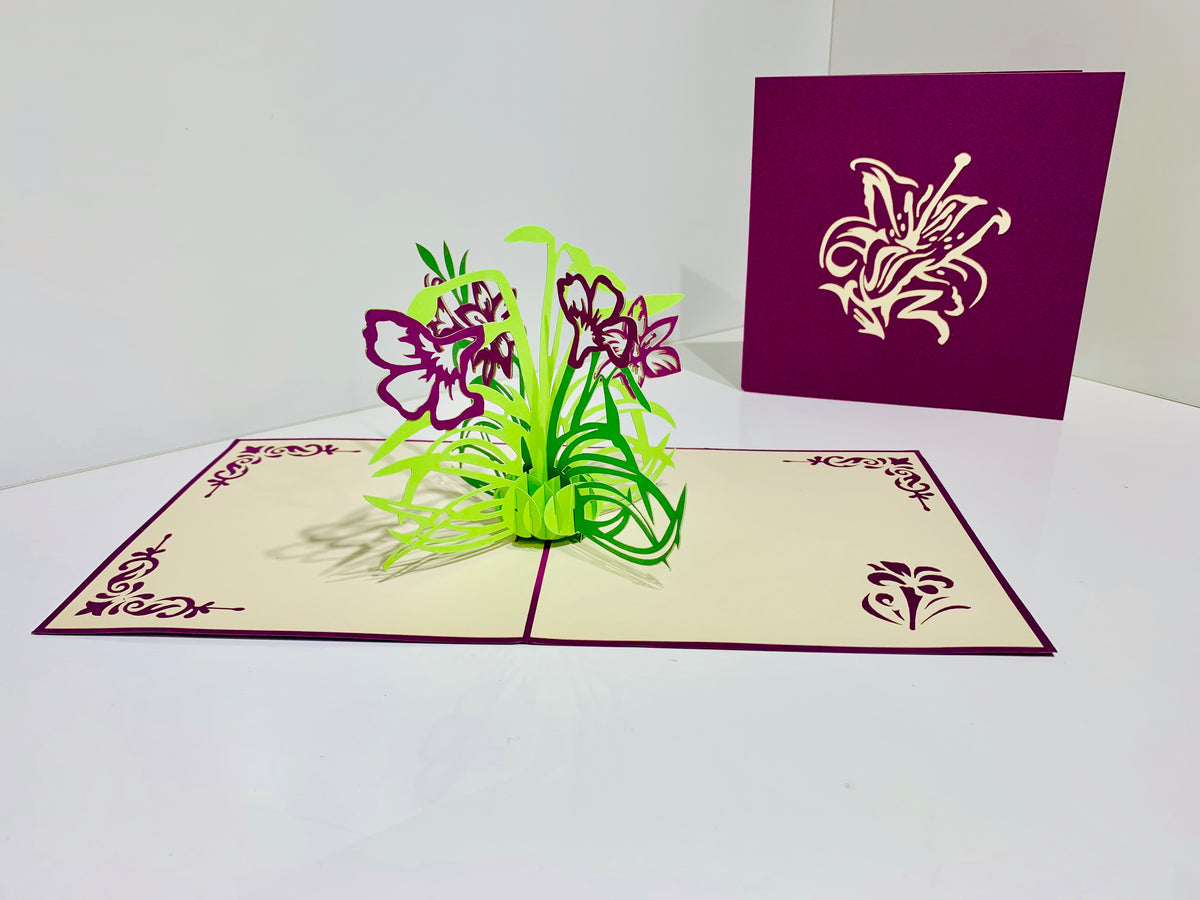 Purple Lily Flowers Card Origami Pop Cards 3D Pop Up Greeting Card Happy Birthday Thank You Handmade Gift Thinking of You Blank Card for Any Occasion Happy Mother's Day