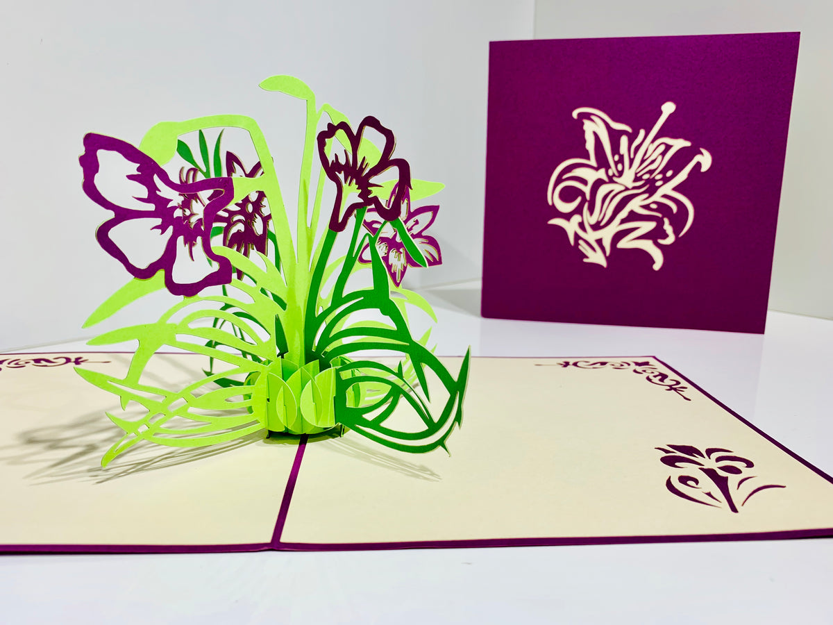 Purple Lily Flowers Card Origami Pop Cards 3D Pop Up Greeting Card Happy Birthday Thank You Handmade Gift Thinking of You Blank Card for Any Occasion Happy Mother's Day