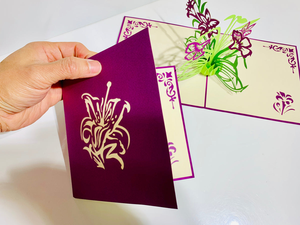 Purple Lily Flowers Card Origami Pop Cards 3D Pop Up Greeting Card Happy Birthday Thank You Handmade Gift Thinking of You Blank Card for Any Occasion Happy Mother's Day