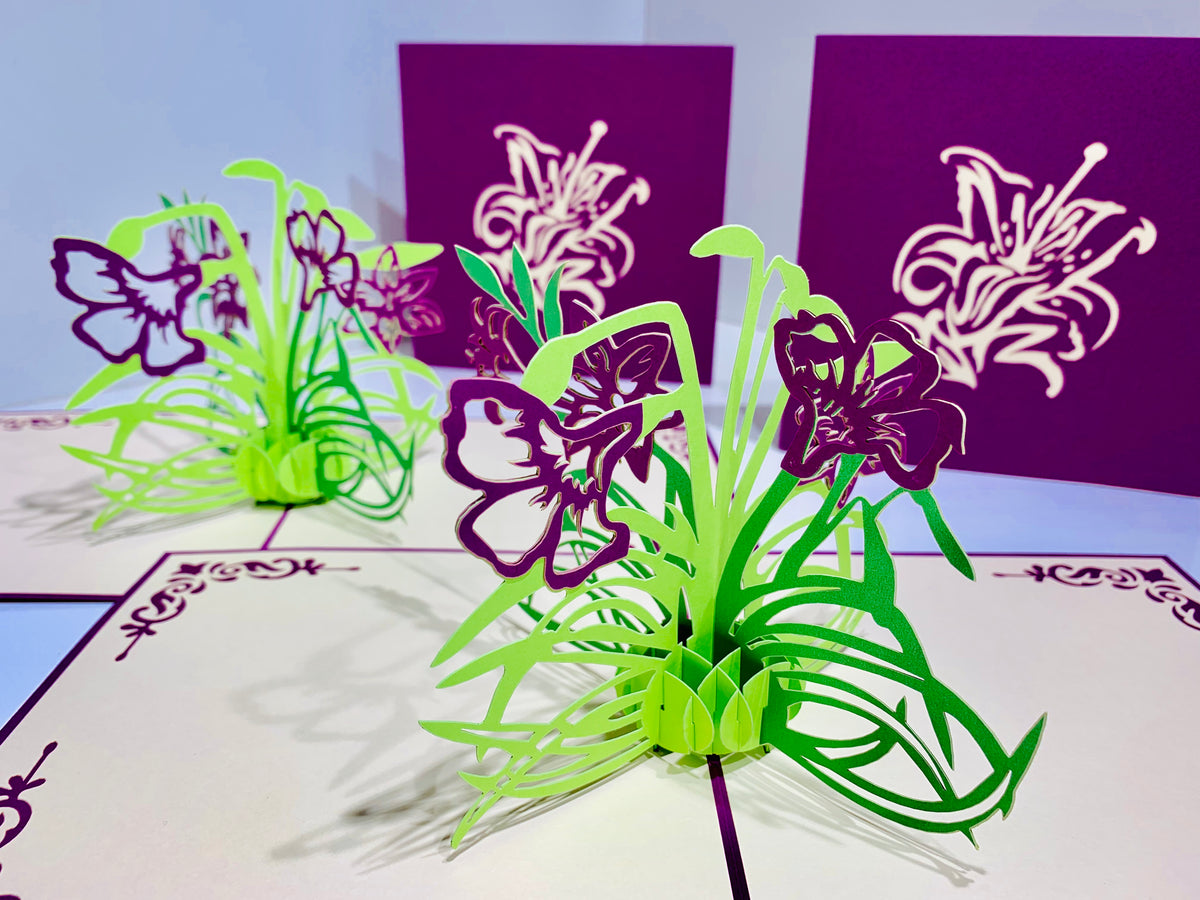 Purple Lily Flowers Card Origami Pop Cards 3D Pop Up Greeting Card Happy Birthday Thank You Handmade Gift Thinking of You Blank Card for Any Occasion Happy Mother's Day