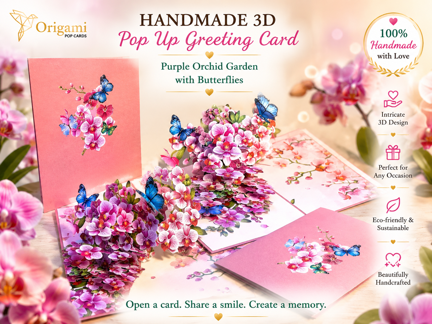 Purple Orchid Garden with Butterflies Origami Pop Cards 3D Pop Up Greeting Card Best Wishes Happy Birthday Gift Thank You Handmade Best Wishes Blank Card for Any Occasion Happy Mother's Day Happy Father's Day Celebrate The Beauty of Flower and Nature