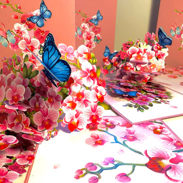 Purple Orchid Garden with Butterflies Origami Pop Cards 3D Pop Up Greeting Card Best Wishes Happy Birthday Gift Thank You Handmade Best Wishes Blank Card for Any Occasion Happy Mother's Day Happy Father's Day Celebrate The Beauty of Flower and Nature