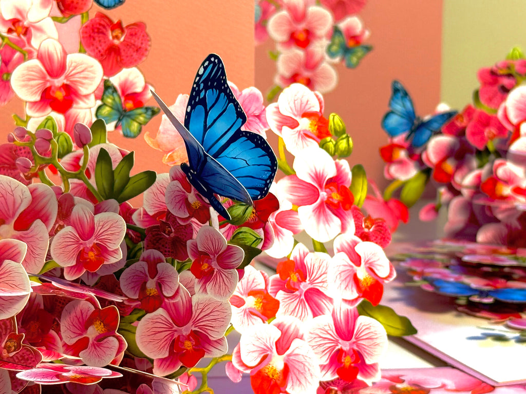Purple Orchid Garden with Butterflies Origami Pop Cards 3D Pop Up Greeting Card Best Wishes Happy Birthday Gift Thank You Handmade Best Wishes Blank Card for Any Occasion Happy Mother's Day Happy Father's Day Celebrate The Beauty of Flower and Nature