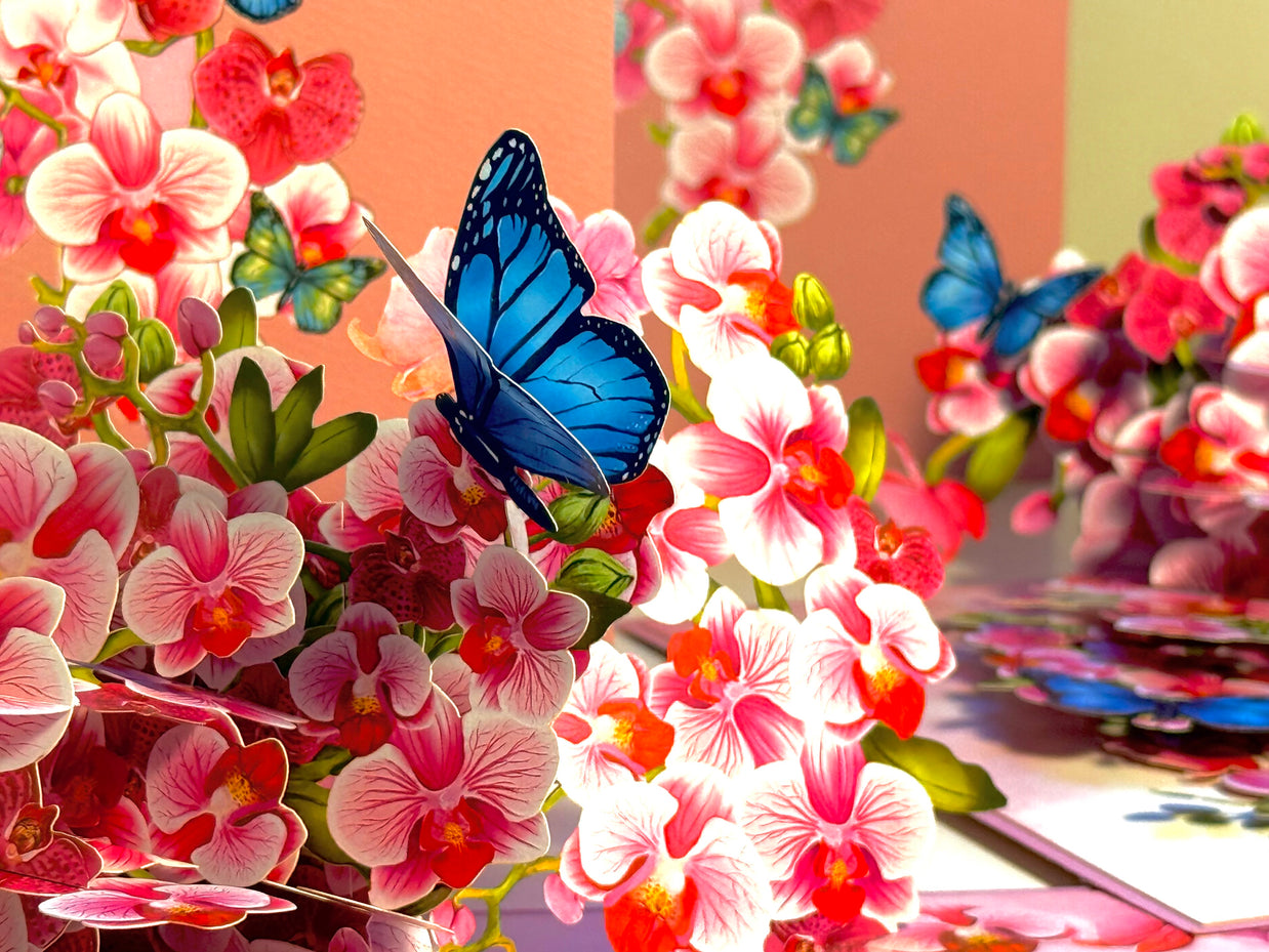 Purple Orchid Garden with Butterflies Origami Pop Cards 3D Pop Up Greeting Card Best Wishes Happy Birthday Gift Thank You Handmade Best Wishes Blank Card for Any Occasion Happy Mother's Day Happy Father's Day Celebrate The Beauty of Flower and Nature