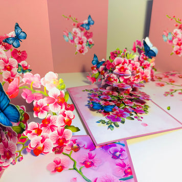 Purple Orchid Garden with Butterflies Origami Pop Cards 3D Pop Up Greeting Card Best Wishes Happy Birthday Gift Thank You Handmade Best Wishes Blank Card for Any Occasion Happy Mother's Day Happy Father's Day Celebrate The Beauty of Flower and Nature