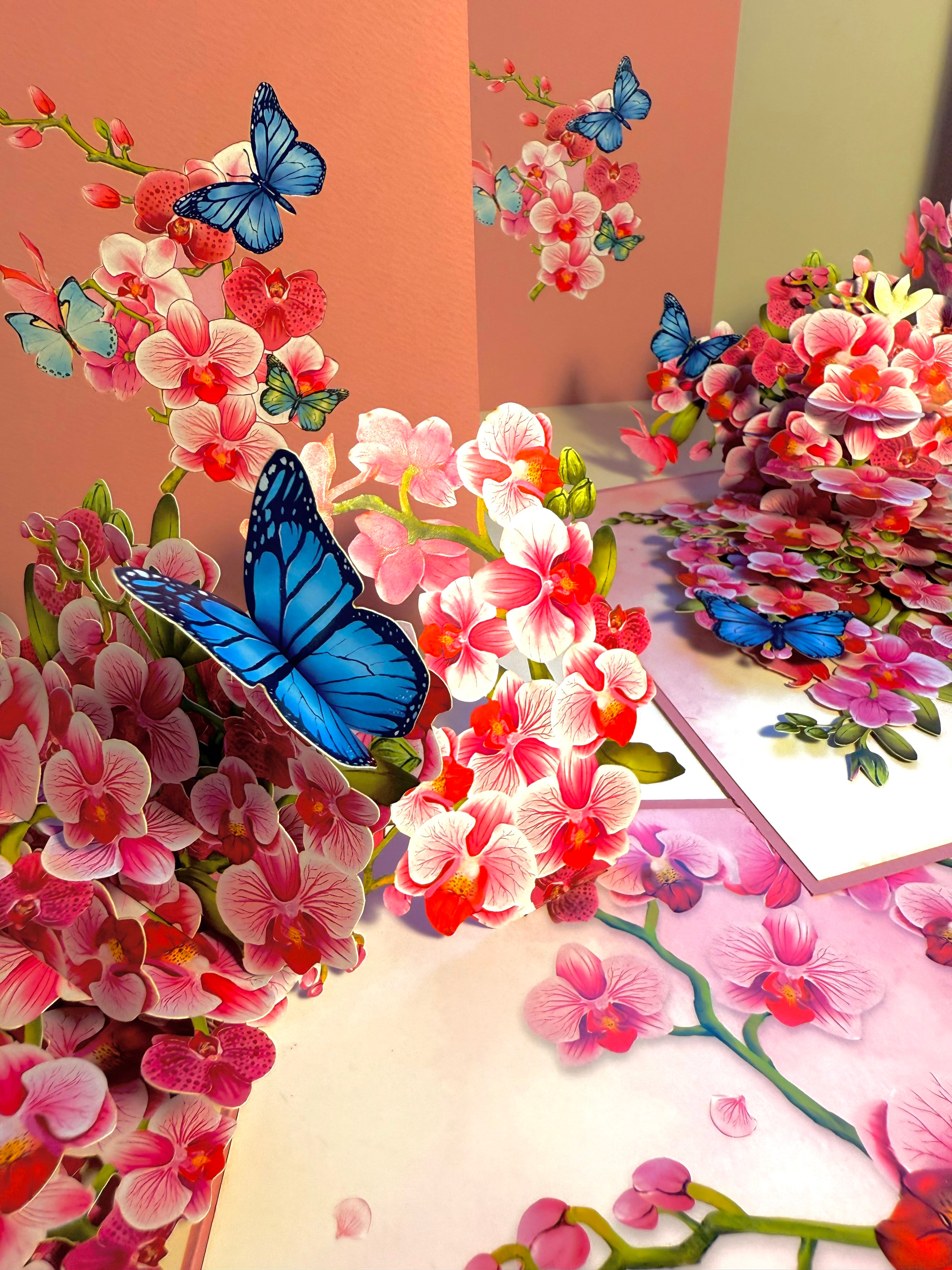 Purple Orchid Garden with Butterflies Origami Pop Cards 3D Pop Up Greeting Card Best Wishes Happy Birthday Gift Thank You Handmade Best Wishes Blank Card for Any Occasion Happy Mother's Day Happy Father's Day Celebrate The Beauty of Flower and Nature