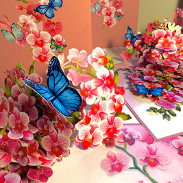 Purple Orchid Garden with Butterflies Origami Pop Cards 3D Pop Up Greeting Card Best Wishes Happy Birthday Gift Thank You Handmade Best Wishes Blank Card for Any Occasion Happy Mother's Day Happy Father's Day Celebrate The Beauty of Flower and Nature