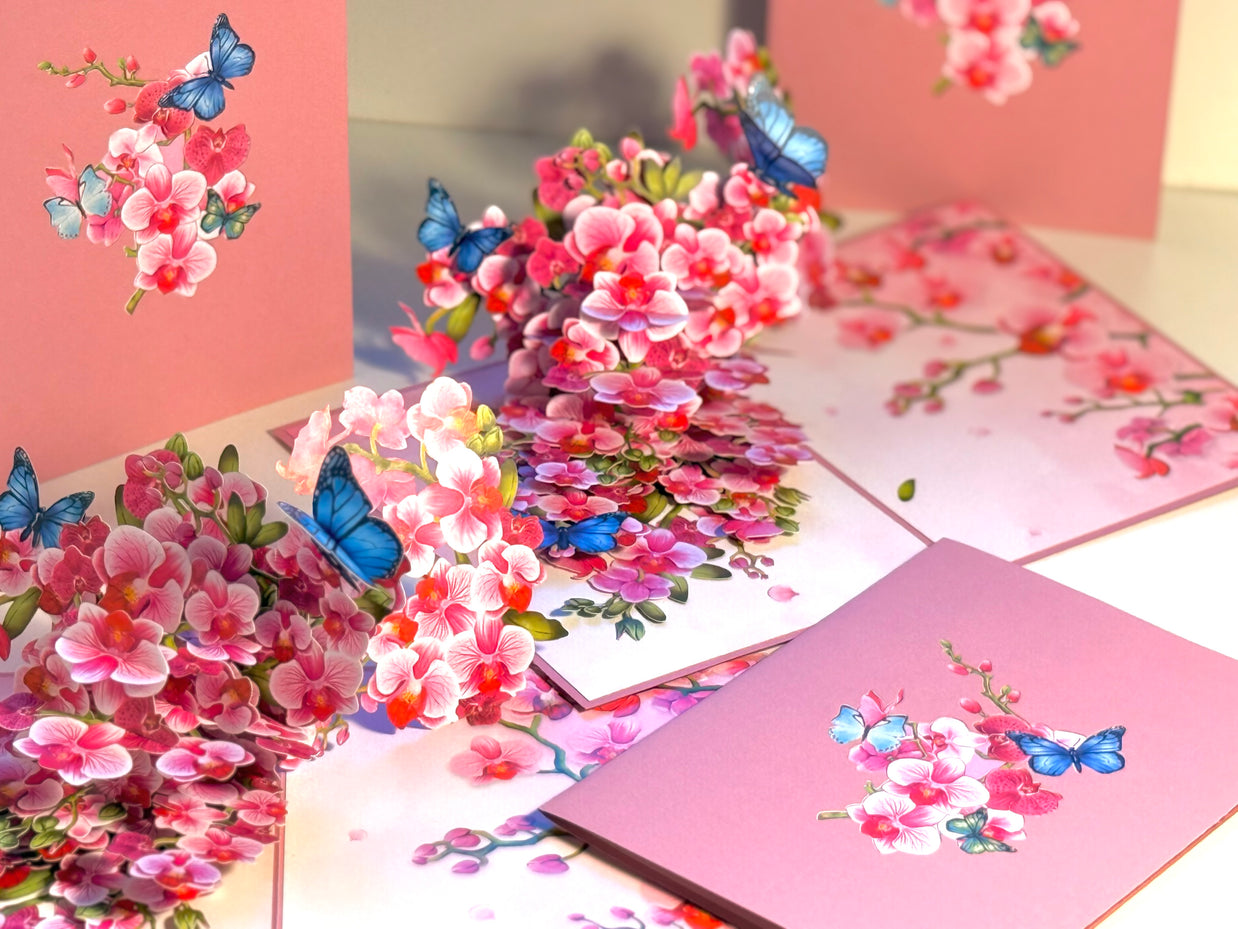 Purple Orchid Garden with Butterflies Origami Pop Cards 3D Pop Up Greeting Card Best Wishes Happy Birthday Gift Thank You Handmade Best Wishes Blank Card for Any Occasion Happy Mother's Day Happy Father's Day Celebrate The Beauty of Flower and Nature