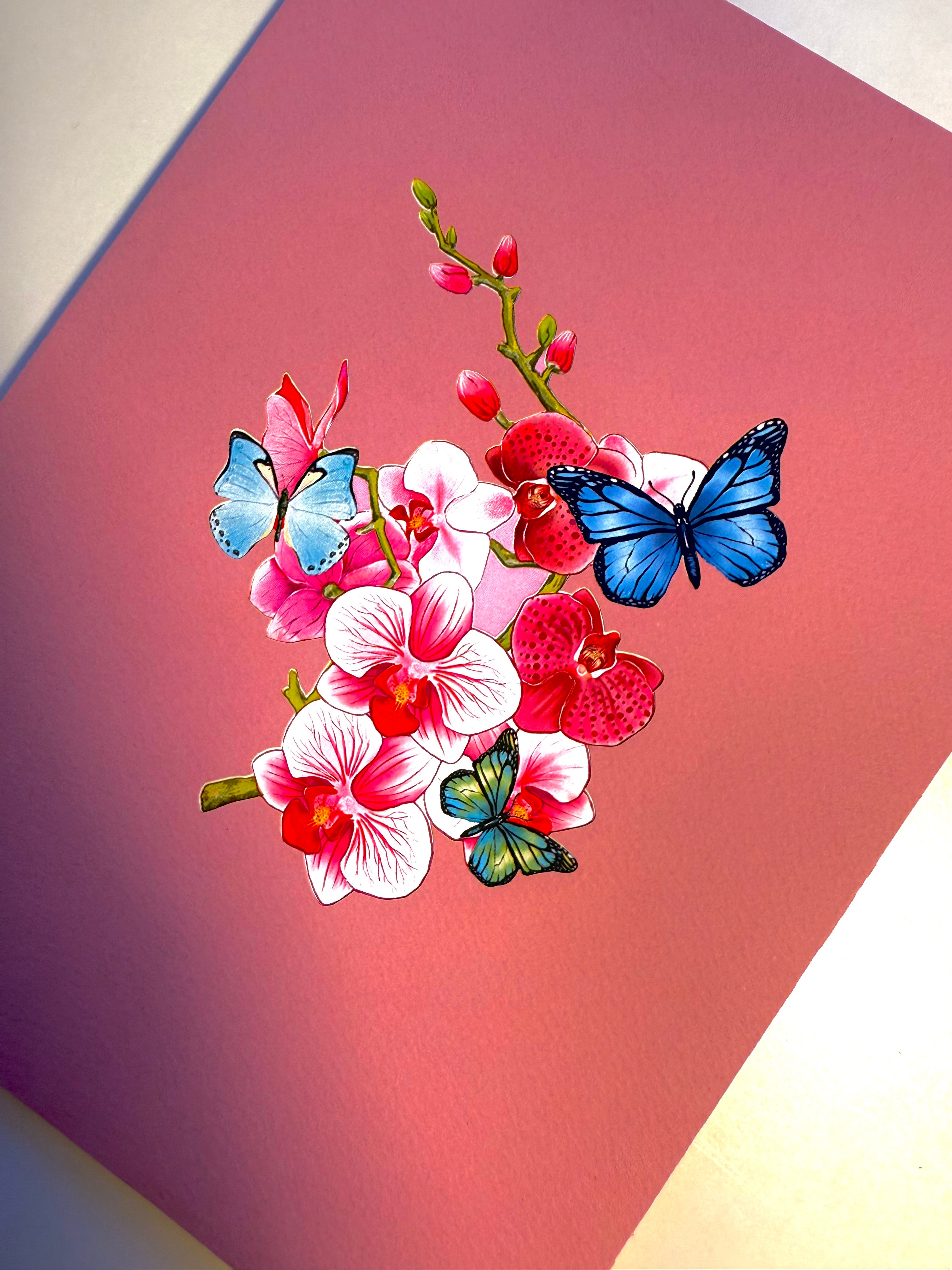 Purple Orchid Garden with Butterflies Origami Pop Cards 3D Pop Up Greeting Card Best Wishes Happy Birthday Gift Thank You Handmade Best Wishes Blank Card for Any Occasion Happy Mother's Day Happy Father's Day Celebrate The Beauty of Flower and Nature