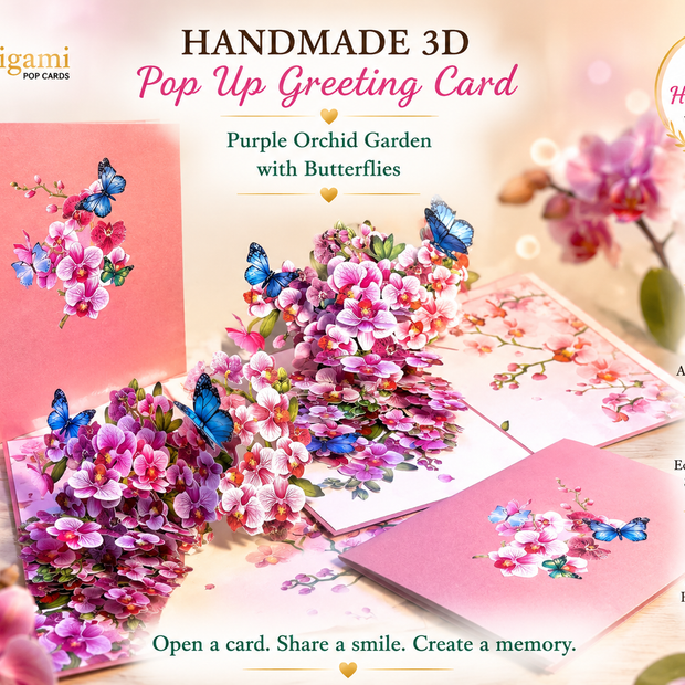 Purple Orchid Garden with Butterflies Origami Pop Cards 3D Pop Up Greeting Card Best Wishes Happy Birthday Gift Thank You Handmade Best Wishes Blank Card for Any Occasion Happy Mother's Day Happy Father's Day Celebrate The Beauty of Flower and Nature
