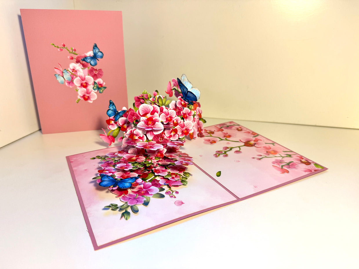 Purple Orchid Garden with Butterflies Origami Pop Cards 3D Pop Up Greeting Card Best Wishes Happy Birthday Gift Thank You Handmade Best Wishes Blank Card for Any Occasion Happy Mother's Day Happy Father's Day Celebrate The Beauty of Flower and Nature