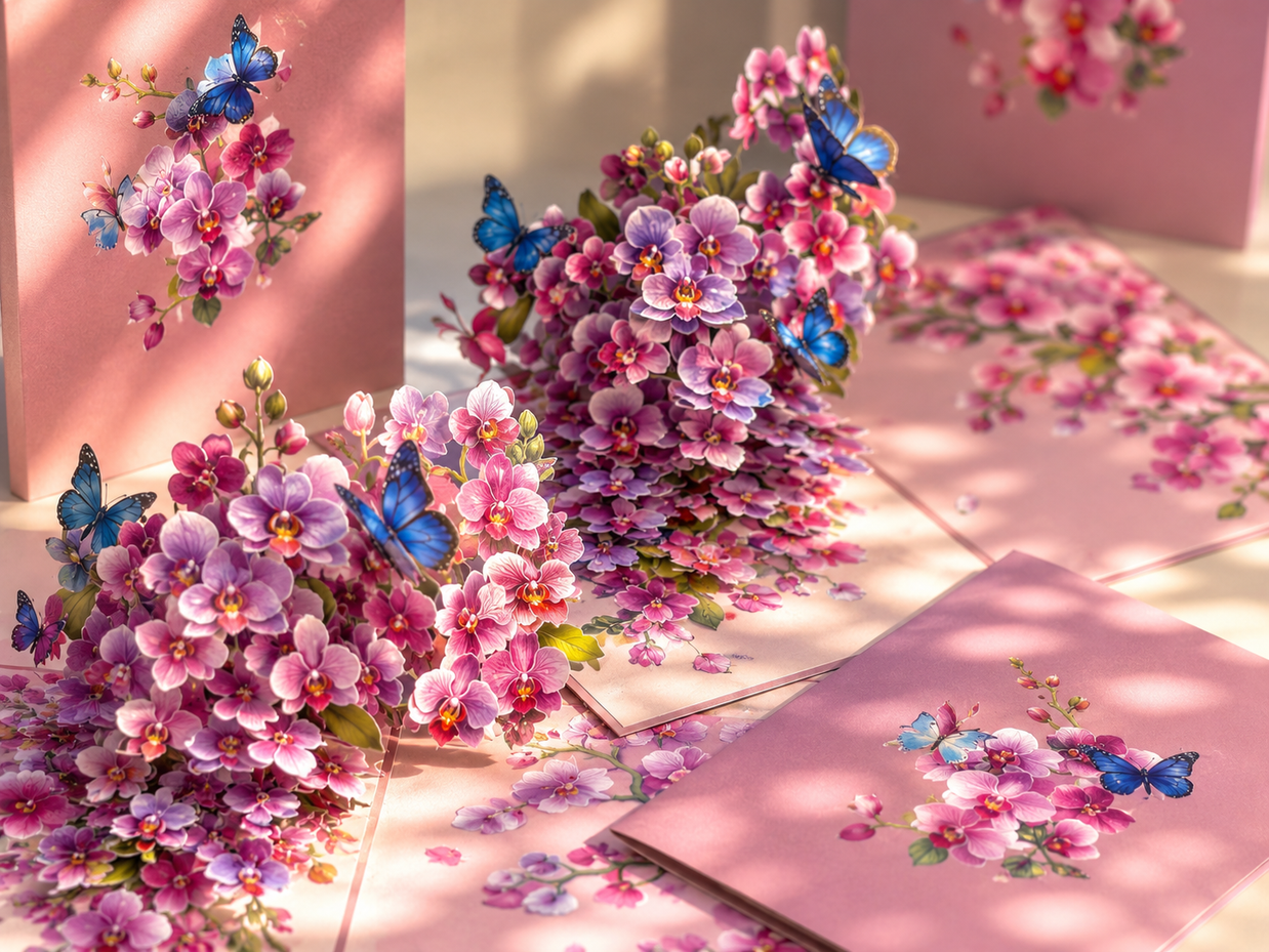Purple Orchid Garden with Butterflies Origami Pop Cards 3D Pop Up Greeting Card Best Wishes Happy Birthday Gift Thank You Handmade Best Wishes Blank Card for Any Occasion Happy Mother's Day Happy Father's Day Celebrate The Beauty of Flower and Nature