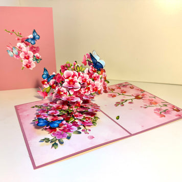 Purple Orchid Garden with Butterflies Origami Pop Cards 3D Pop Up Greeting Card Best Wishes Happy Birthday Gift Thank You Handmade Best Wishes Blank Card for Any Occasion Happy Mother's Day Happy Father's Day Celebrate The Beauty of Flower and Nature