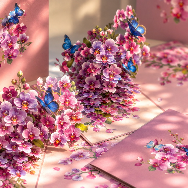 Purple Orchid Garden with Butterflies Origami Pop Cards 3D Pop Up Greeting Card Best Wishes Happy Birthday Gift Thank You Handmade Best Wishes Blank Card for Any Occasion Happy Mother's Day Happy Father's Day Celebrate The Beauty of Flower and Nature