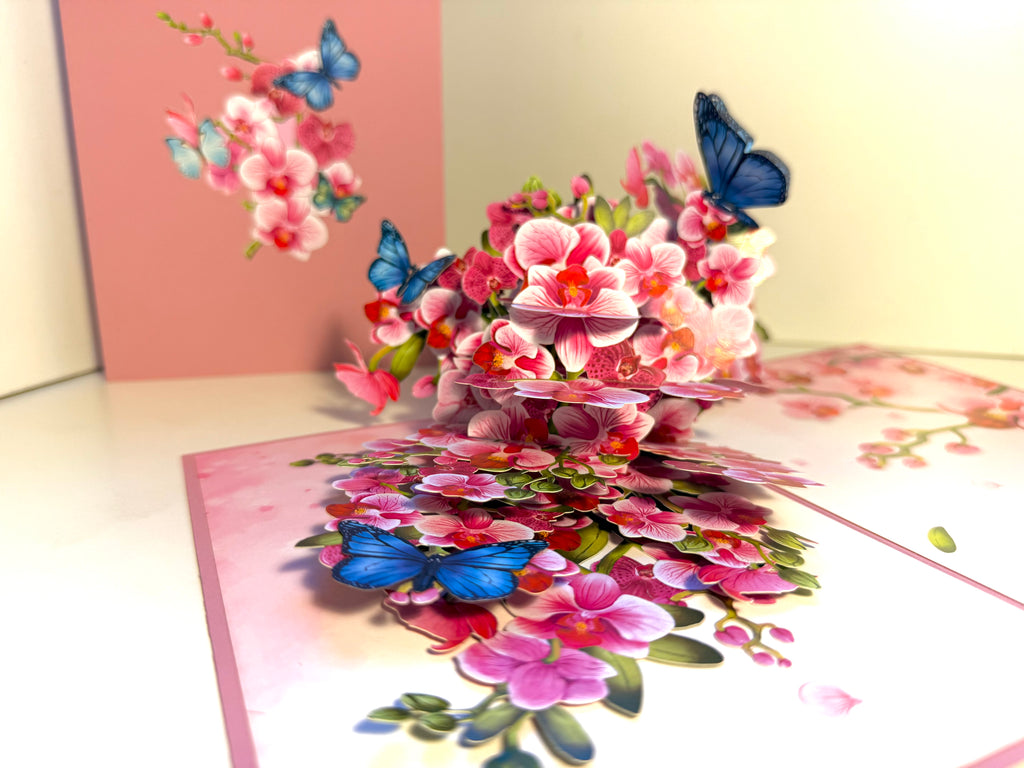 Purple Orchid Garden with Butterflies Origami Pop Cards 3D Pop Up Greeting Card Best Wishes Happy Birthday Gift Thank You Handmade Best Wishes Blank Card for Any Occasion Happy Mother's Day Happy Father's Day Celebrate The Beauty of Flower and Nature