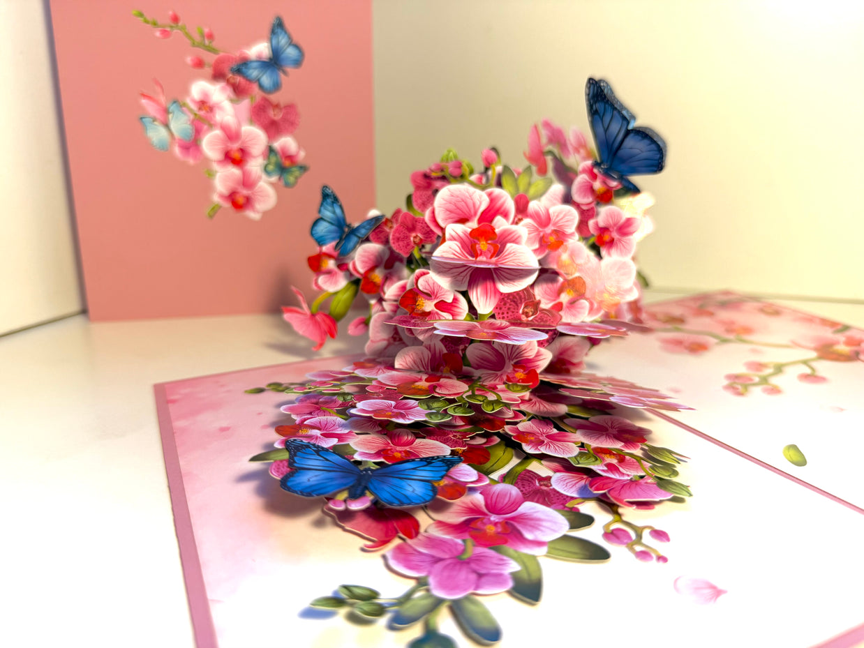 Purple Orchid Garden with Butterflies Origami Pop Cards 3D Pop Up Greeting Card Best Wishes Happy Birthday Gift Thank You Handmade Best Wishes Blank Card for Any Occasion Happy Mother's Day Happy Father's Day Celebrate The Beauty of Flower and Nature
