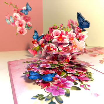 Purple Orchid Garden with Butterflies Origami Pop Cards 3D Pop Up Greeting Card Best Wishes Happy Birthday Gift Thank You Handmade Best Wishes Blank Card for Any Occasion Happy Mother's Day Happy Father's Day Celebrate The Beauty of Flower and Nature